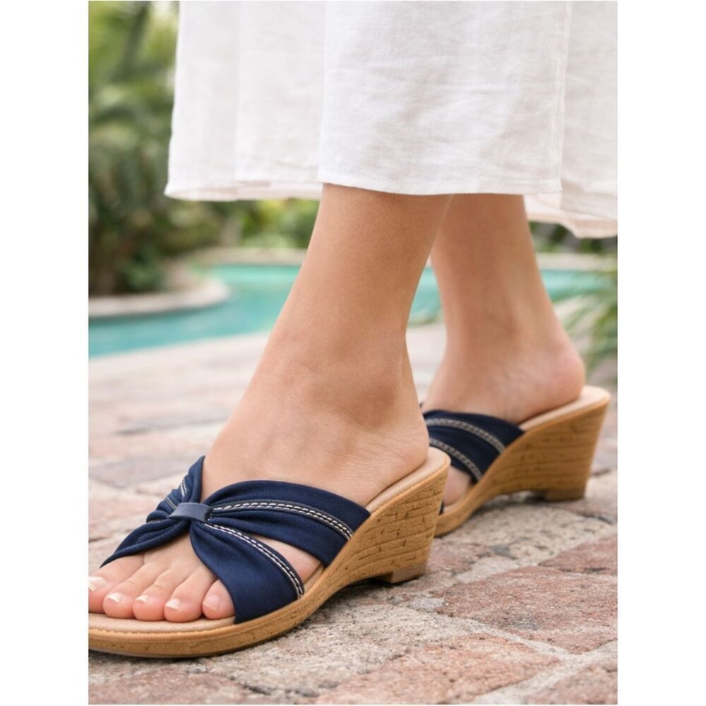 Italian Handmade Tuscany Harrow Sandals Sz 6.5 Navy Wedge Slip On Leather EUC